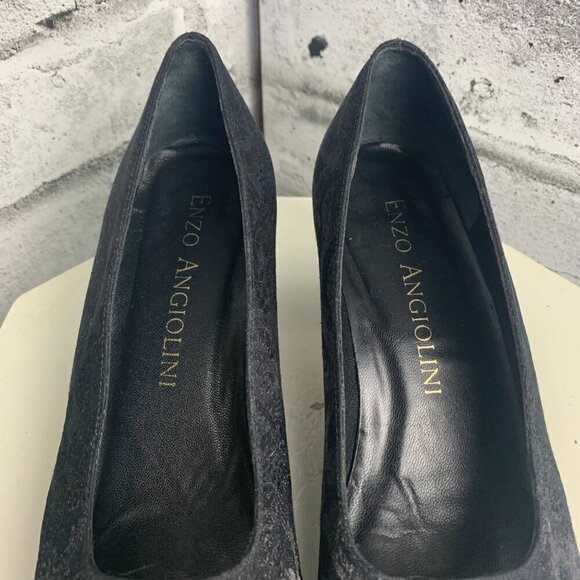 Enzo Angiolini Square Toe Mid Low Block Heel Black Floral Fabric Leather Pump - Picture 5 of 10